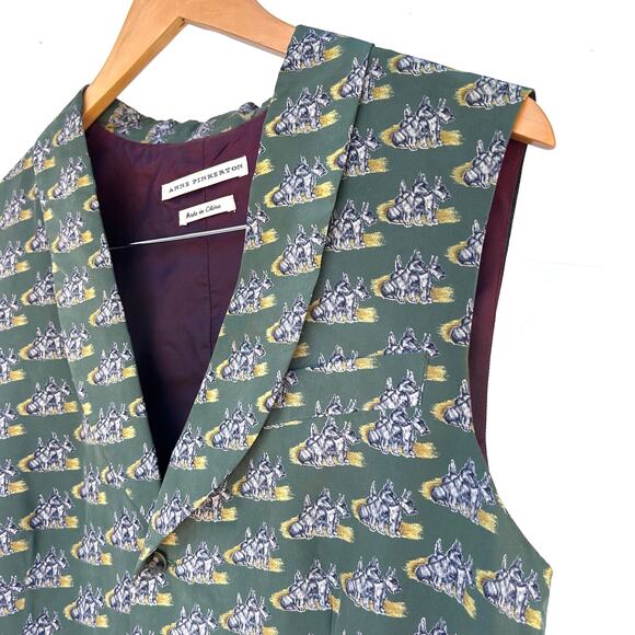 Vintage Anne Pinkerton Scottie Dog Novelty Print Vest Green Waistcoat Small Silk - Picture 5 of 12